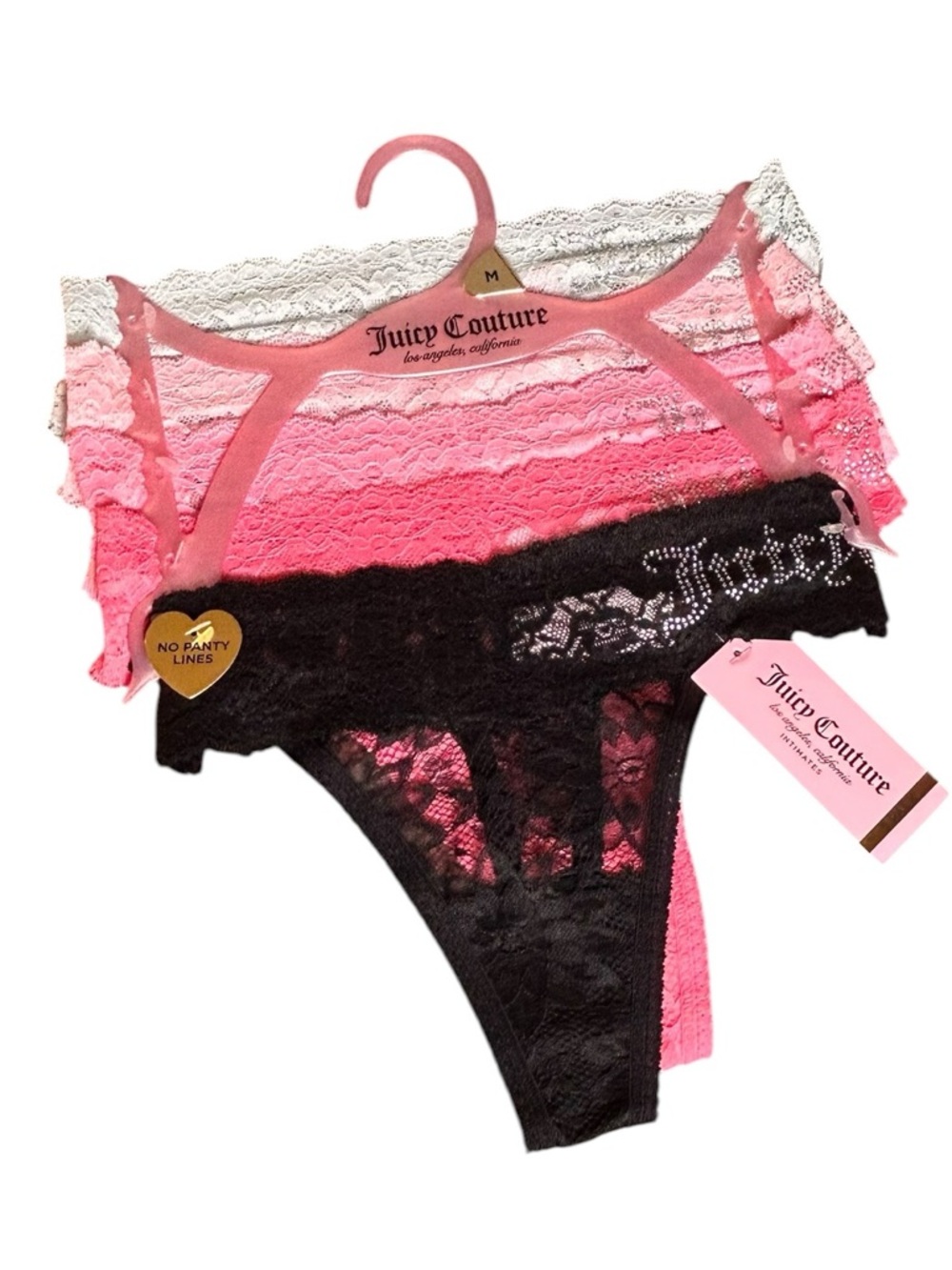 Juicy Couture 5 pack Lace Thong Pantie with Rhinestone Logo Black/Pink/White M